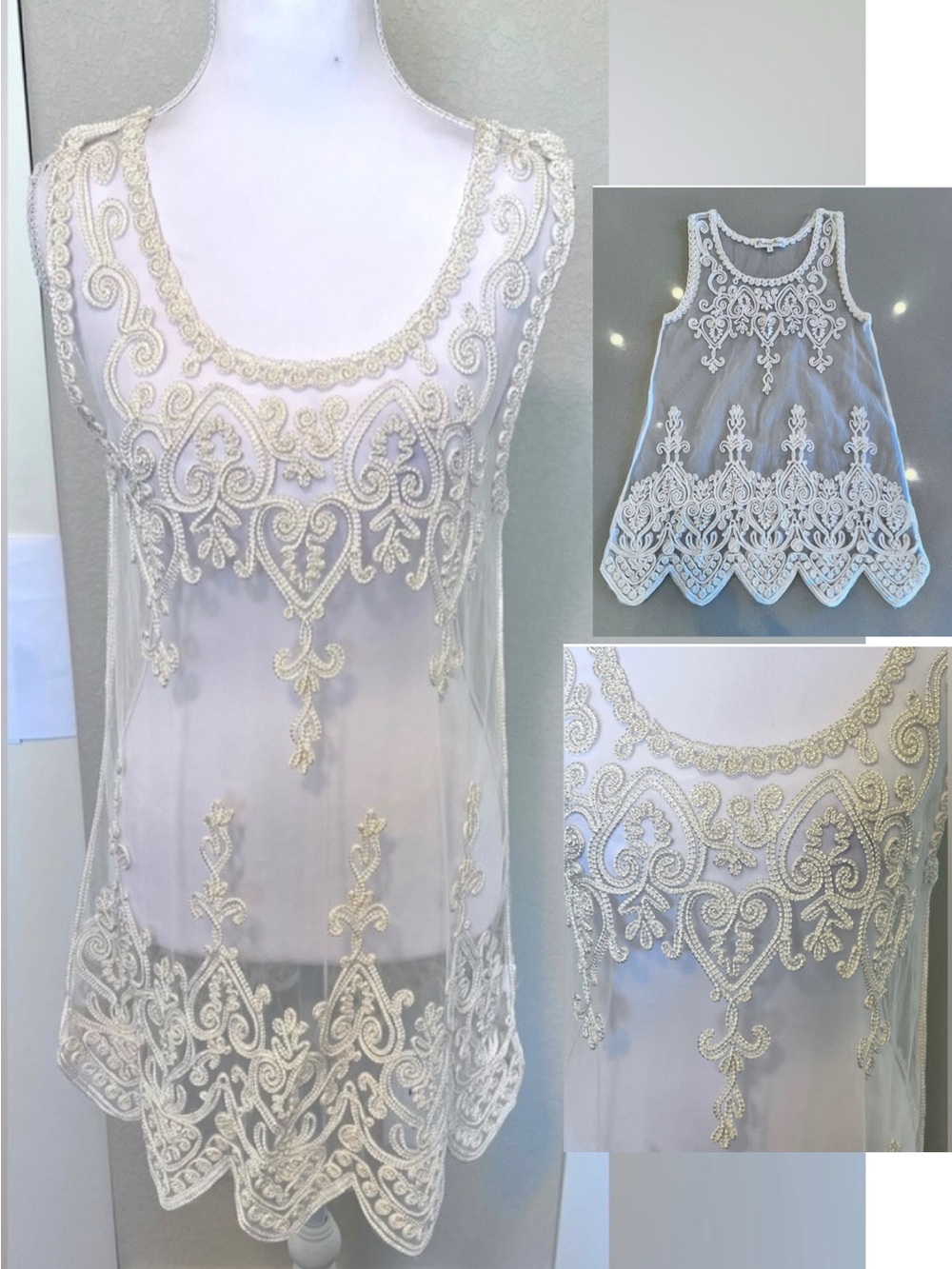 Sheer Silk Blend Intricate Embroidery Mesh Coquette Boho Artsy Festival Small